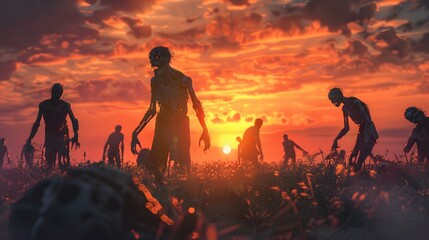 Silhouetted family enjoys a sunset stroll amidst a fiery forest backdrop, radiating warmth and happiness - obrazy, fototapety, plakaty