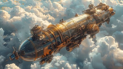 Majestic Steampunk Airship Soaring Through Ethereal Skies in Retro-Futuristic Adventure - obrazy, fototapety, plakaty