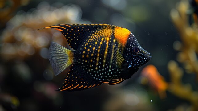  A black and yellow fish in an aquarium
