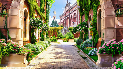 Fototapeta na wymiar Historic Gardens and Architecture, Green Landscape with Ancient Palace, European Travel Destination