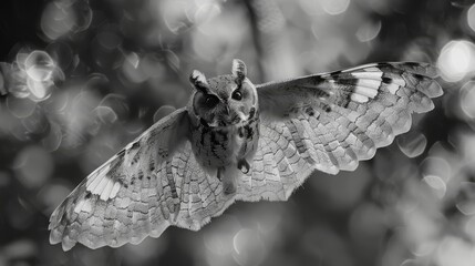  A monochrome image depicts an owl mid-flight, its wings spread wide and gaze intense