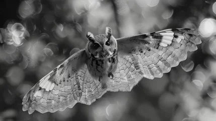 Fotobehang  A monochrome image depicts an owl mid-flight, its wings spread wide and gaze intense © Jevjenijs