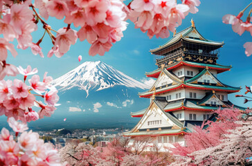 Obraz premium A beautiful Japanese castle surrounded by cherry blossoms with Mount Fuji in the background, vibrant colors