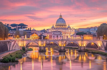 Fototapeta na wymiar The iconic St Peter's Basilica and the Spanish Bridge at sunset, Rome Italy with illuminated buildings