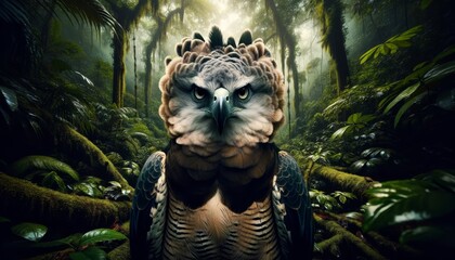 A medium shot of an exotic harpy eagle, its powerful stance and intense gaze centered, amidst the dense foliage of a rainforest. - obrazy, fototapety, plakaty