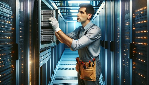 An image of an IT professional installing a new server in a rack.