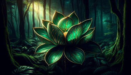 An image displaying an emerald green magnolia with golden veins spotlighted in the shadows of a lush, dark forest.