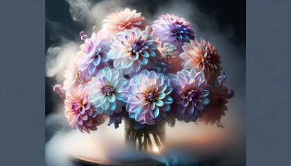 An image of a bouquet of delicate pastel-colored dahlias with a touch of iridescence, surrounded by a soft, white mist.