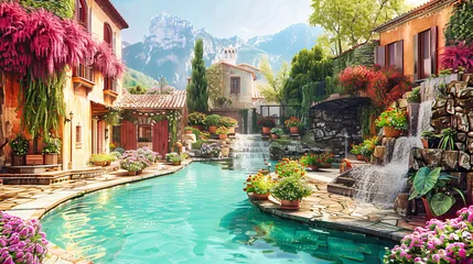 Zelfklevend Fotobehang Idyllic alpine landscape with a lake and traditional houses, evoking the serene beauty of European mountain villages © MdIqbal