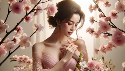 Illustrate a woman in a soft pink dress surrounded by blooming cherry blossoms, conveying a sense of renewal and the beauty of spring.