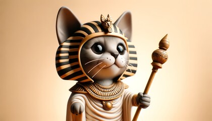 A close-up of a whimsical caricature of a cat dressed as an Egyptian pharaoh, complete with a tiny scepter and throne. - obrazy, fototapety, plakaty