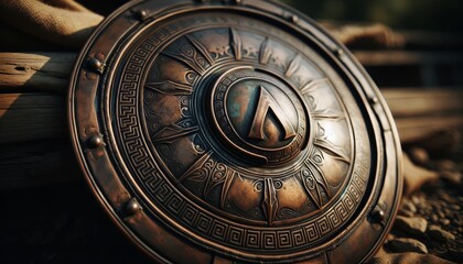 The close-up image captures the intricate details of a Spartan shield.