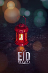 Red lantern lamp with Eid greeting