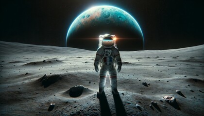 An astronaut is standing on the edge of a massive crater on a lunar surface. - obrazy, fototapety, plakaty
