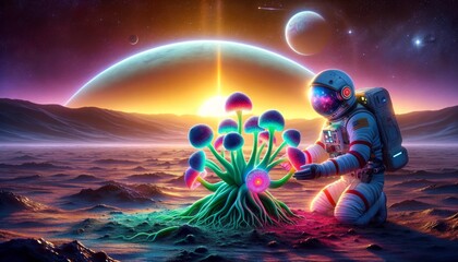 Fototapeta premium An astronaut is planting an extraterrestrial plant with bright, vibrant colors on the surface of a distant, uncharted planet.