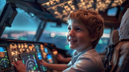 Obraz premium Little child pilot in airplane cockpit. flight simulator, entertainment for kids
