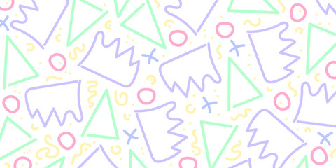 Multicolored line doodle pattern. Trendy design with shapes. Simple scribble wallpaper. Abstract vector background.