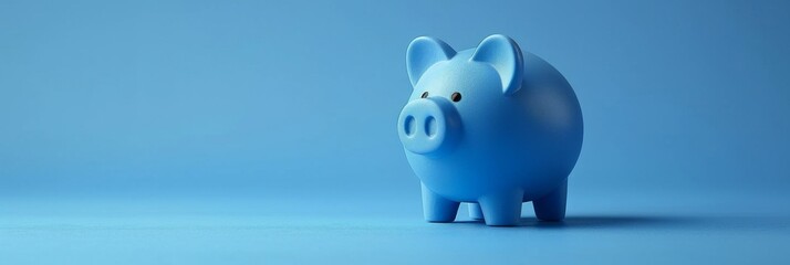 close up of a blue piggy bank isolated on light blue background, side view. ai generated
