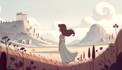 A whimsical animated art style image of Briseis, a character from Greek mythology, gazing into the distance.