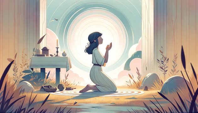 A whimsical animated art style image of Briseis offering prayers to the gods.