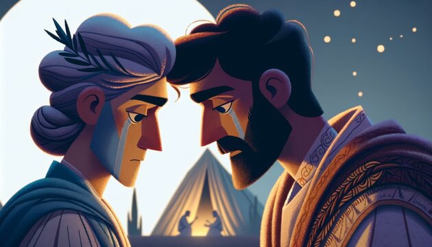 A whimsical animated art style image capturing the emotional parting moment between Briseis and Achilles.