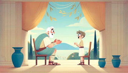 A whimsical, animated-style illustration capturing the poignant moment when Odysseus reveals his true identity to Telemachus.
