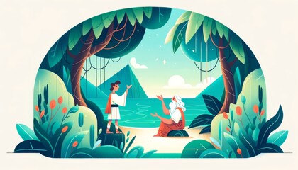 A whimsical, animated-style illustration of Telemachus encountering Calypso, who shares tales of his father's time on her island. - obrazy, fototapety, plakaty