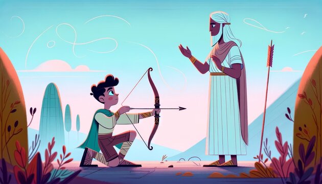 A whimsical, animated-style illustration of Telemachus in training, possibly with a bow or sword, under the watchful eye of Athena, who is disguised a.