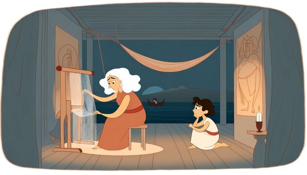 A whimsical, animated-style illustration depicting Telemachus watching Penelope as she weaves (or unweaves) her tapestry, symbolizing her loyalty and .