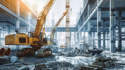 Industrial Construction and Development, Urban Skyline with Cranes and Steel Structures, Blue Sunset Background