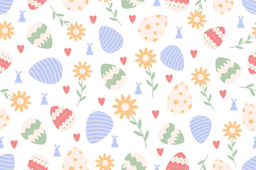 Cute Easter seamless pattern with bunnies, flowers, easter eggs.Beautiful background, great for Easter Cards, banner, textiles, wallpapers.Vector design