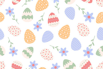 Cute Easter seamless pattern with bunnies, flowers, easter eggs.Beautiful background, great for Easter Cards, banner, textiles, wallpapers.Vector design