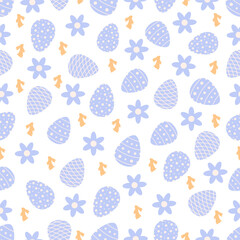 Cute Easter seamless pattern with bunnies, flowers, easter eggs.Beautiful background, great for Easter Cards, banner, textiles, wallpapers.Vector design