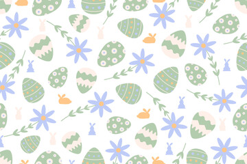 Cute Easter seamless pattern with bunnies, flowers, easter eggs.Beautiful background, great for Easter Cards, banner, textiles, wallpapers.Vector design