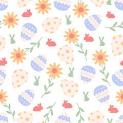 Cute Easter seamless pattern with bunnies, flowers, easter eggs.Beautiful background, great for Easter Cards, banner, textiles, wallpapers.Vector design