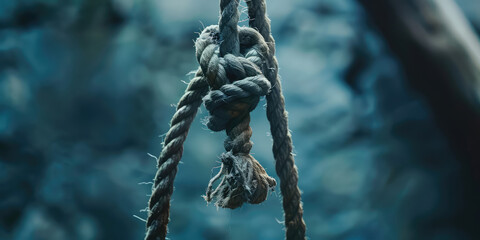Rope Knot Strength - Hanging Loop Against simple background with copy space. Close-up of a sturdy rope knot forming a loop, suicide.  - obrazy, fototapety, plakaty