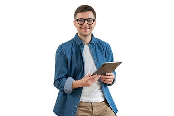 The bank's client, a positive man with glasses, uses a tablet and an application, a transparent...