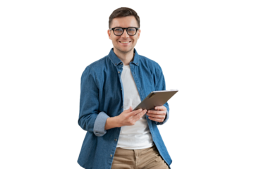 The bank's client, a positive man with glasses, uses a tablet and an application, a transparent isolated background.