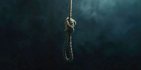 Rope Knot Strength - Hanging Loop Against simple background with copy space. Close-up of a sturdy rope knot forming a loop, suicide. 