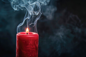 A red candle with a smoking wick, the smoke curling and drifting upwards against a dark background, which creates a dramatic and moody atmosphere - obrazy, fototapety, plakaty