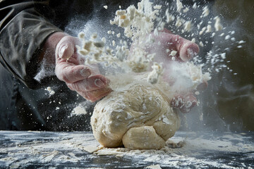 Fototapeta na wymiar An action shot of hands clapping and creating a splash of flour, with a lump of dough on a dark surface. It's an artistic representation of the bread-making process, highlighting the tactile and messy
