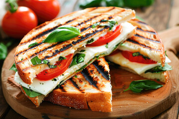 A pressed and toasted panini sandwich with slices of tomato, mozzarella cheese, and fresh basil, likely representing a delicious Italian-style sandwich known as Caprese