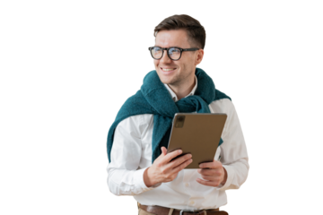 The client is a positive man with glasses using a tablet and an app, a transparent isolated background.