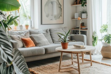 a bright and airy living room, with a grey sofa, a wooden coffee table, and a large window that allows natural light to flood the space, enhancing the room open and tranquil ambiance