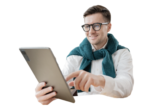The bank's client, a positive man with glasses, uses a tablet and an application, a transparent isolated background.