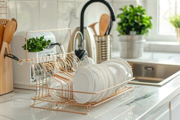 A kitchen scene showing a set of clean dishes neatly placed in a rose gold dish rack next to a kitchen sink. In the background, there is a toaster and some kitchen utensils, creating a scene o