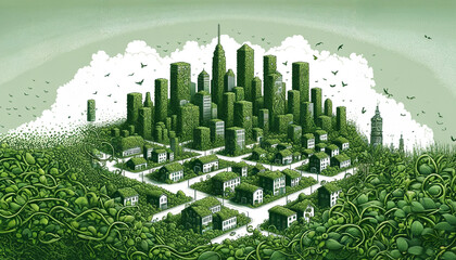緑の植物に覆われた街 - obrazy, fototapety, plakaty