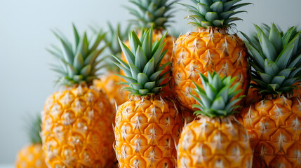 A stack of fresh pineapples with their green tops.