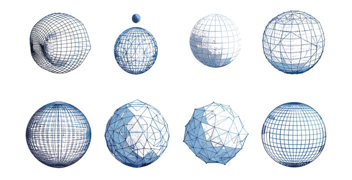 3D 球体メッシュ。地球儀、点と線のある惑星、ボール多角形グリッド。未来的なテクノロジーのデジタル構造のワイヤーフレーム。抽象的な SF ベクトルを設定