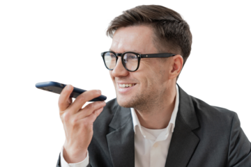 The person records the voice message, uses the voice assistant in the phone, transparent isolated background.